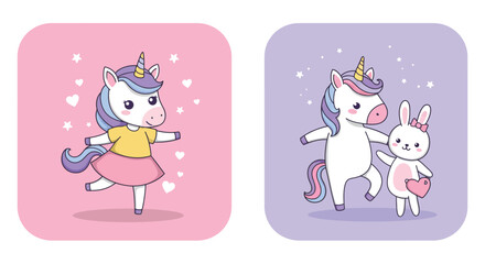Obraz premium Cute unicorn character dancing in flat design style vector art with a playful bunny illustration