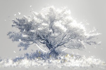 Ethereal, glowing tree with butterflies in an otherworldly white landscape