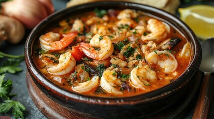 Delicious seafood stew with shrimp and herbs in a rustic bowl.