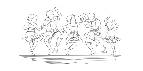 Afro-American dance. African American women, men, and children celebrate Africa Day. Dancing people hand drawn with single line on white background.