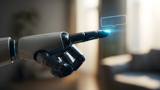 A robotic hand, sleek and futuristic, extends a finger to touch a glowing blue speech bubble. The image evokes ideas of advanced technology, artificial intelligence. - Powered by Adobe