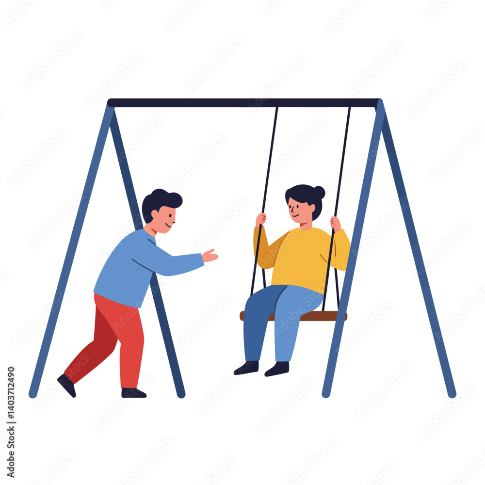 Poster children playing on a swing set in a flat and colorful vector illustration