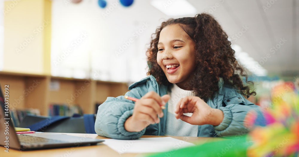 Poster elearning, laptop and study with girl in library for homework assessment, education portal and onlin
