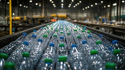 Obraz premium Endless Rows of Plastic Bottles on a Conveyor Belt in a Modern Factory