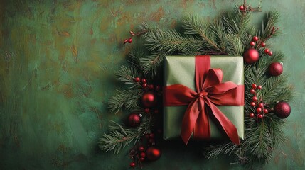 Photo of a beautifully wrapped Christmas gift with a red ribbon surrounded by fir branches and balls on a green background.