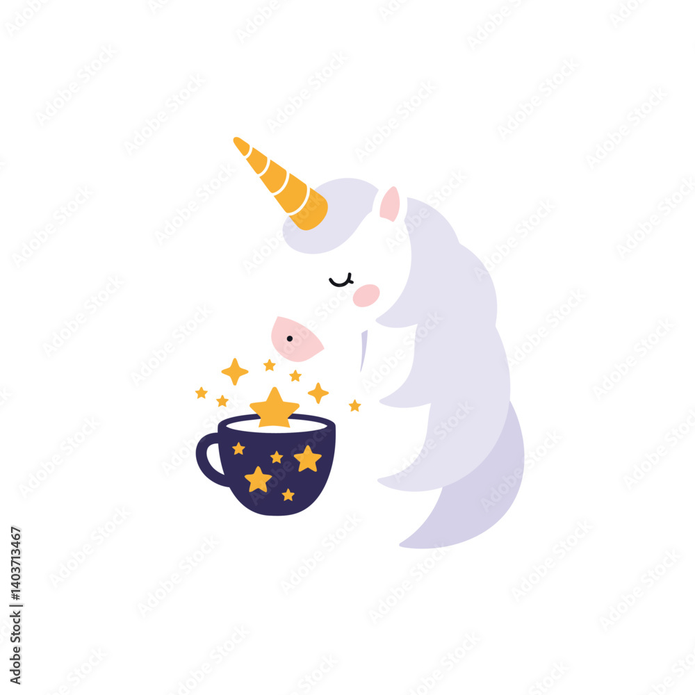 Poster unicorn with magical cup in flat minimal vector art style
