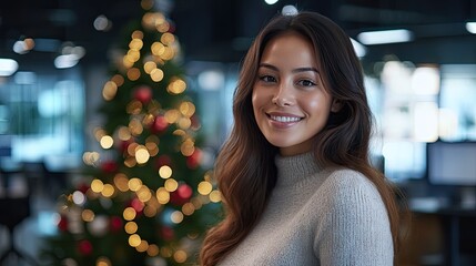 photo of a woman standing with a beautifully lit Christmas tree in the background AI-generated 
