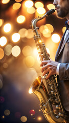 Obraz premium Musician playing saxophone on stage with blurred bokeh lights for International Jazz Day celebration