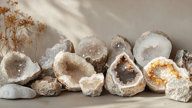 A glowing arrangement of polished geodes styled on a neutral stone background. background