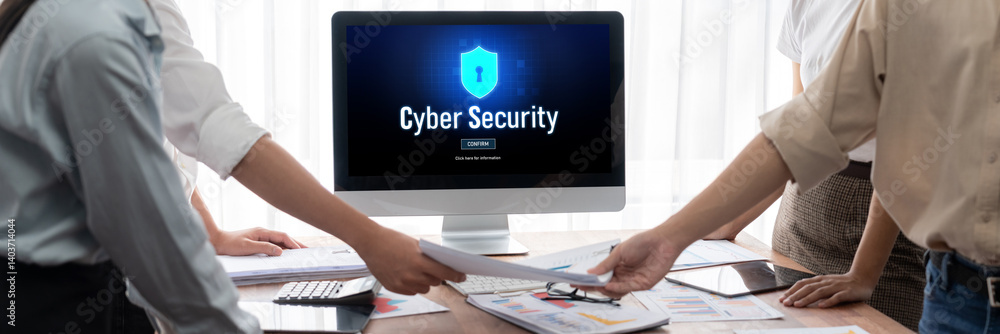 Poster Cyber security system on computer screen protect private information brisk from hacker and cyber attack