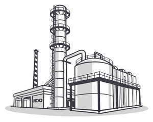 Vector of a large oil refinery with towers, tanks, and pipelines, isolated on white background.
