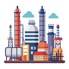 Fototapeta premium Vector of a large oil refinery with towers, tanks, and pipelines, isolated on white background. 