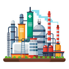 Obraz premium Vector of a large oil refinery with towers, tanks, and pipelines, isolated on white background. 