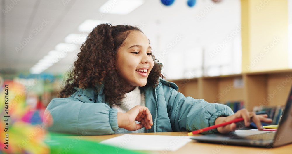 Poster elearning, laptop and smile with girl in library for homework assessment, education portal and onlin