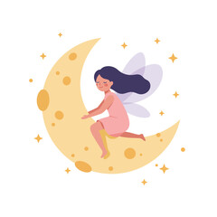 Girl with wings sitting on a crescent moon in flat vector art