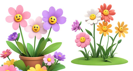3d rendering cartoon flowers with different colors and smiling faces on a green field isolated on transparent background, PNG file add