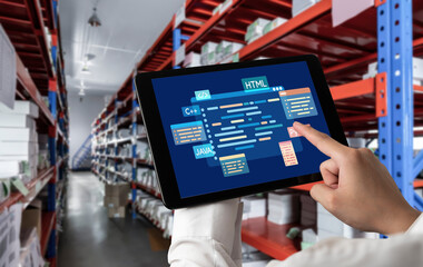 Software development or programming work with coding screen of various programming languages like HTML, Python, Java, and C brisk for new application development