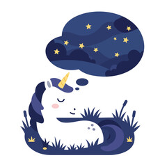 Fototapeta premium Sleeping unicorn surrounded by stars in a dreamy night sky flat vector art