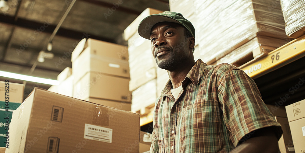 Poster warehouse worker checks inventory while organizing boxes in a storage facility during daylight hours