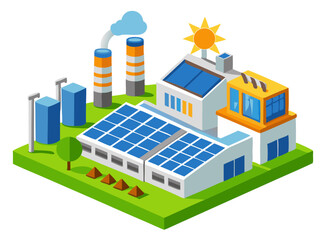 Vector illustration of a factory using solar panels for energy production, isolated on white background.
