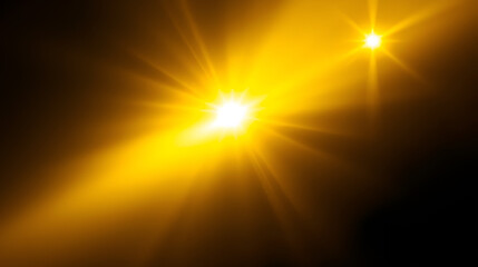 Yellow light effects. Beam from a spotlight and a star. Gold Shine, glow, white. Glowing abstract isolated light effects lens. Lens flash, explosion, spark.