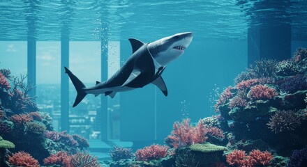 Obraz premium Surreal underwater scene featuring a shark in a business suit swimming gracefully among vibrant coral reefs, with bubbles and futuristic windows in the background