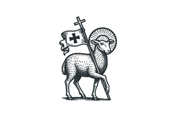 Religious lamb with cross and halo, black and white woodcut style
