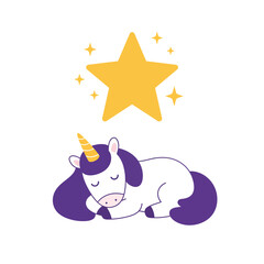 Sleeping unicorn with star above in flat vector art style