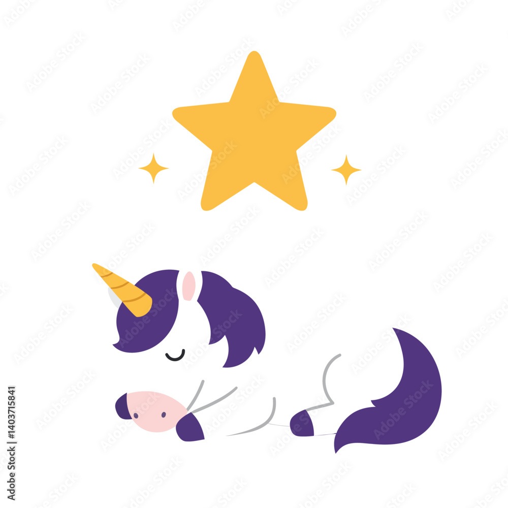 Poster cute unicorn character in flat design style with star elements in vector art