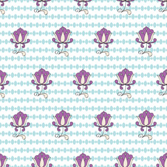 seamless repeat pattern with beautiful purple floral motifs on a light blue stripes textured back ground perfect for fabric, scrap booking, wallpaper, gift wrap projects