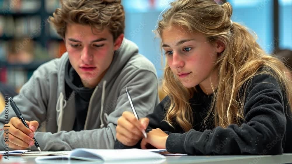 Poster this two students concentrate on their notebooks while studying together at the library.