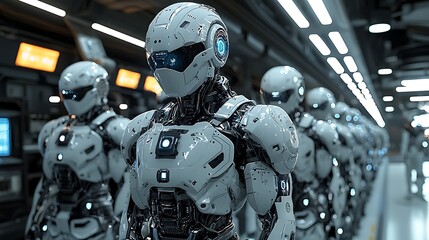 Fototapeta premium Robotic soldiers standing in formation inside cybernetic facility high resolution photo