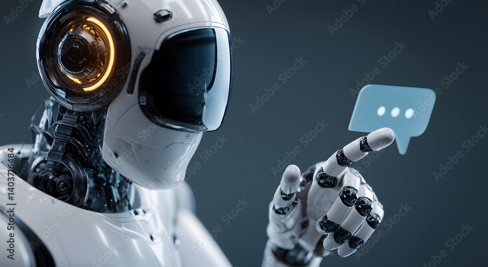 Poster a futuristic robot interacts with a digital chat bubble, symbolizing the convergence of artificial i