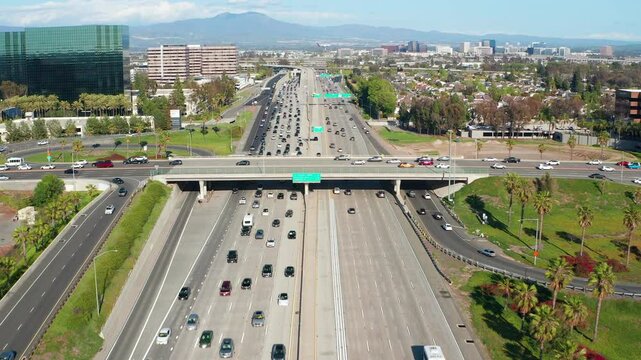 Aerial drone shot view of Orange County Costa Mesa Irvine buildings airport 01