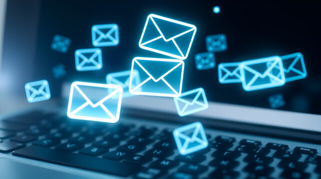 Floating email icons above a laptop keyboard, glowing with connectivity