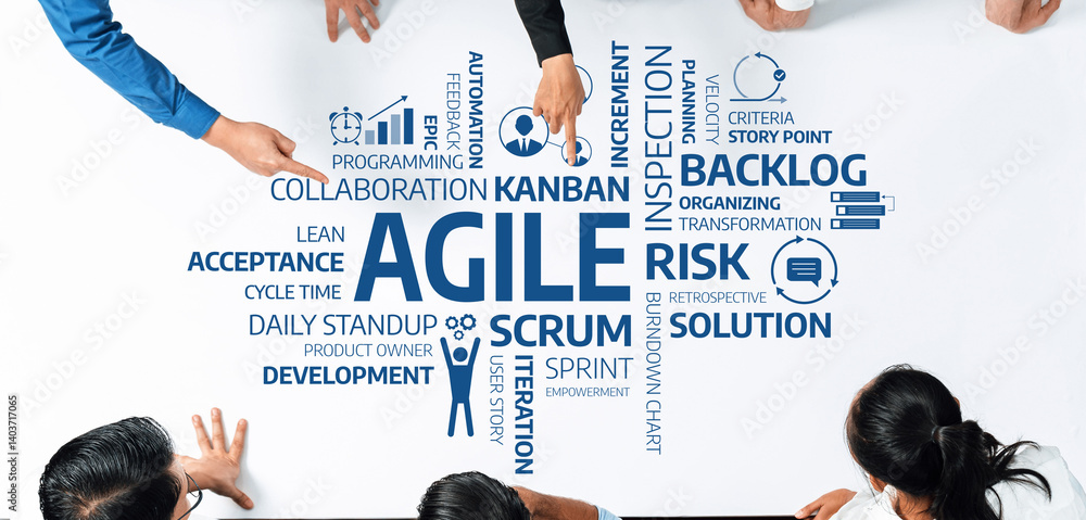 Poster Creative illustration showcasing Agile methodology concepts with team members collaborating over key terms related to project management and development processes. Amity