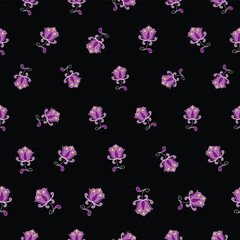 seamless repeat pattern with beautiful purple floral motifs with white outline on a black background perfect for fabric, scrap booking, wallpaper, gift wrap projects