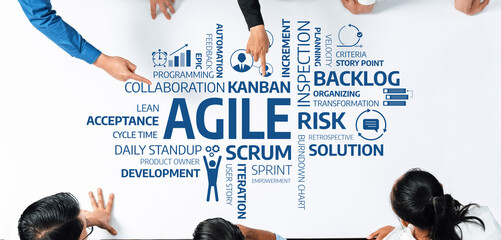 Creative illustration showcasing Agile methodology concepts with team members collaborating over key terms related to project management and development processes. Amity