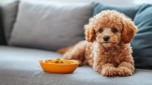 Cute Toy Poodle dog with bowl of food near sofa in living room