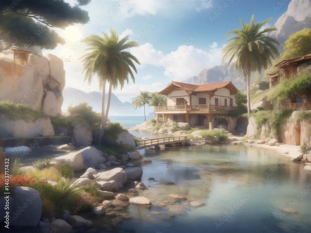 Aufkleber 青い海と緑豊かなヤシの木に囲まれた地中海の夏の風景 水辺に建つ美しい家々と山の風景