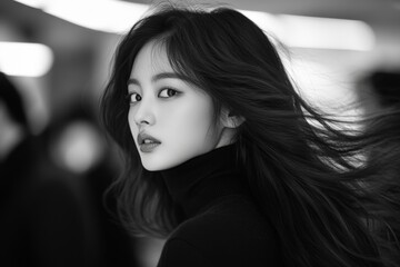 Fototapeta premium Young asian female with flowing hair in black and white portrait