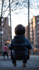 Young caucasian child swinging in urban playground at sunset
