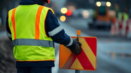 Traffic controller adjusting road signs at a construction site. Featuring organization and safety
