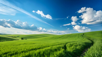 Fototapeta premium Green grass and blue sky landscape