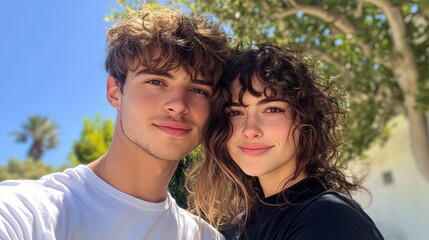 Fototapeta premium Young caucasian couple smiling in sunlit outdoor setting with trees in background