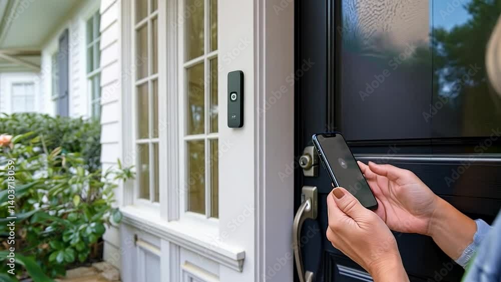 Poster a person is using a smartphone to access features of a smart doorbell, while standing near a well-ke