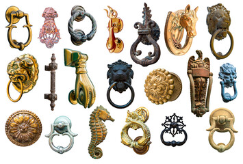 a collection of door knocker on white background