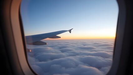 Obraz premium Airplane Window View of Clouds and Sunset Sky