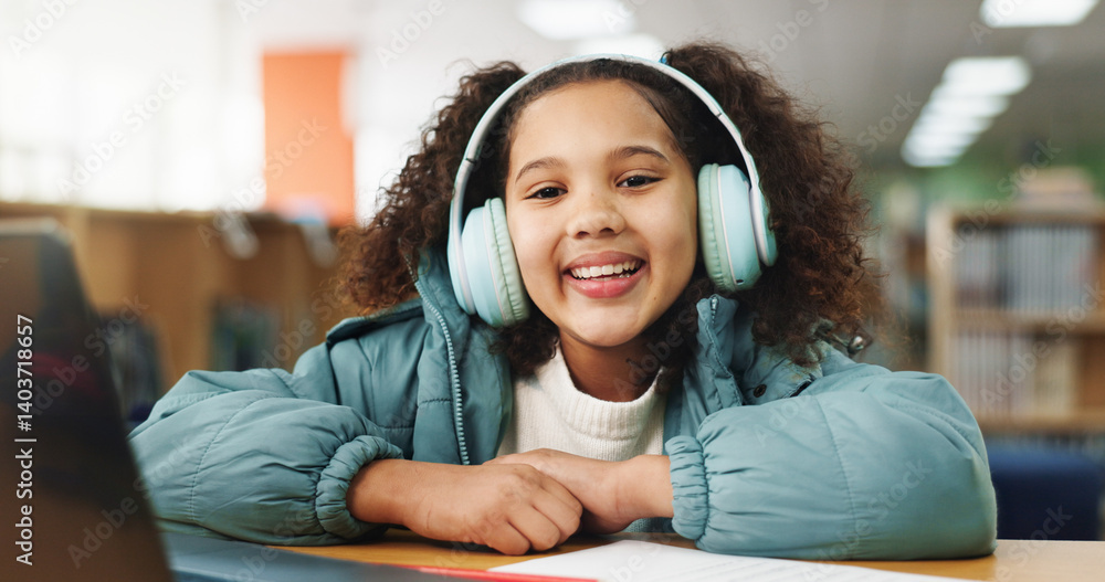 Poster elearning, laptop and portrait with girl in library for homework assessment, education portal and on
