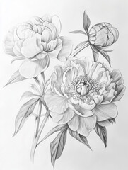 Pencil sketch of blooming peonies in monochrome tones, realistic botanical artwork for decor